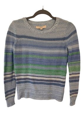 LOFT Women's Blue & Green Striped Crewneck Sweater Lightweight Size XS